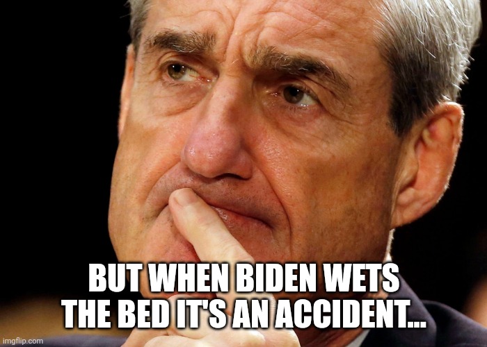 Robert Mueller Deep Thought | BUT WHEN BIDEN WETS THE BED IT'S AN ACCIDENT... | image tagged in robert mueller deep thought | made w/ Imgflip meme maker