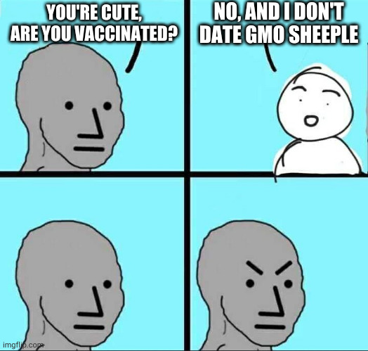 NPC Meme | NO, AND I DON'T DATE GMO SHEEPLE; YOU'RE CUTE, ARE YOU VACCINATED? | image tagged in npc meme | made w/ Imgflip meme maker