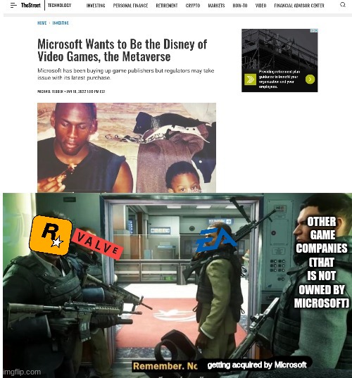 I think this is what the game companies (that arent owned by microsoft) think about microsoft learning to imperialize companies  | OTHER  GAME COMPANIES (THAT IS NOT OWNED BY MICROSOFT); getting acquired by Microsoft | image tagged in microsoft acquiring activision blizzard,microsoft,reaction | made w/ Imgflip meme maker