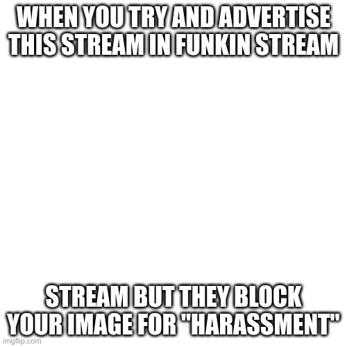 w h a t | WHEN YOU TRY AND ADVERTISE THIS STREAM IN FUNKIN STREAM; STREAM BUT THEY BLOCK YOUR IMAGE FOR "HARASSMENT" | image tagged in blank,fnf,fnf meme,friday night funkin,friday night memeing | made w/ Imgflip meme maker