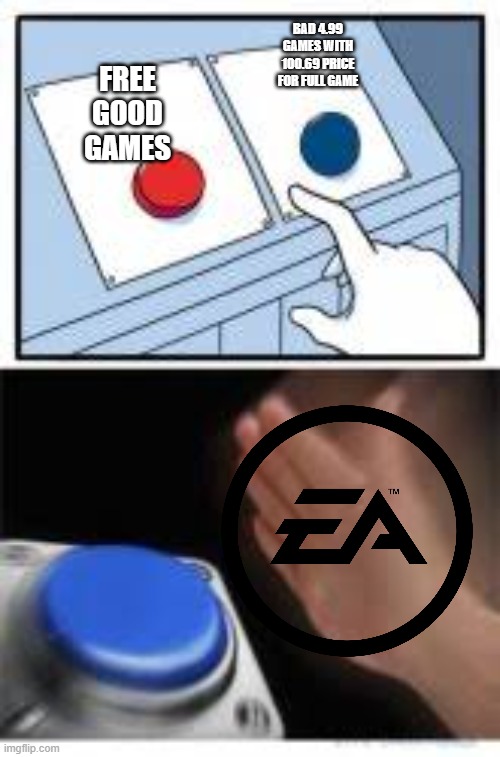 ea sport, its in the money | BAD 4.99 GAMES WITH 100.69 PRICE FOR FULL GAME; FREE GOOD GAMES | image tagged in red and blue buttons | made w/ Imgflip meme maker