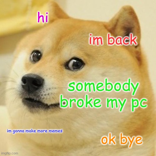 hello im back | hi; im back; somebody broke my pc; im gonna make more memes; ok bye | image tagged in memes,doge | made w/ Imgflip meme maker