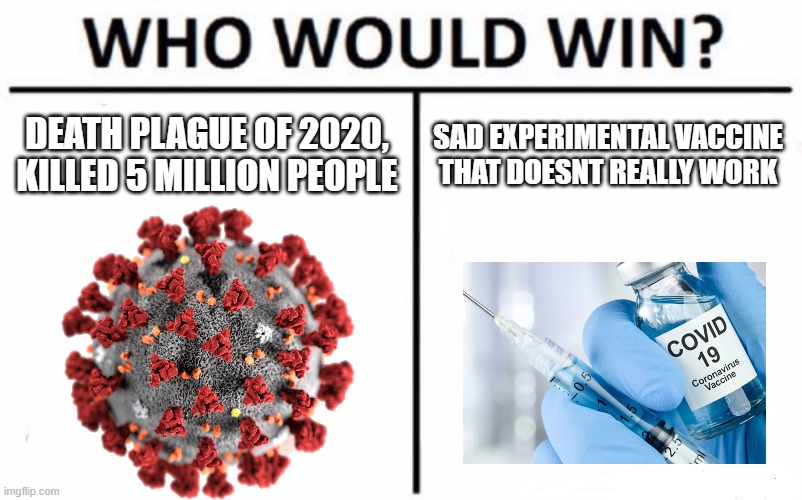 Who Would Win? Meme | DEATH PLAGUE OF 2020, KILLED 5 MILLION PEOPLE; SAD EXPERIMENTAL VACCINE THAT DOESNT REALLY WORK | image tagged in memes,who would win,coronavirus | made w/ Imgflip meme maker