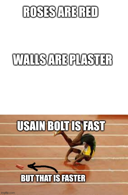 ROSES ARE RED; WALLS ARE PLASTER; USAIN BOLT IS FAST; BUT THAT IS FASTER | image tagged in caption box | made w/ Imgflip meme maker