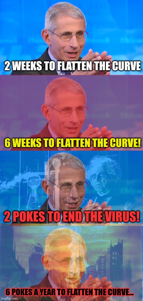 Don't question it. Don't think. Obey. | 2 WEEKS TO FLATTEN THE CURVE; 6 WEEKS TO FLATTEN THE CURVE! 2 POKES TO END THE VIRUS! 6 POKES A YEAR TO FLATTEN THE CURVE... | image tagged in dr fauci 2020,obey,follow the science,nope,follow the money,science doesnt change every 48 hours | made w/ Imgflip meme maker