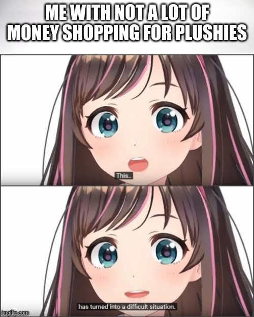 oh no i am broke | ME WITH NOT A LOT OF MONEY SHOPPING FOR PLUSHIES | image tagged in this has turned into a difficult situation | made w/ Imgflip meme maker