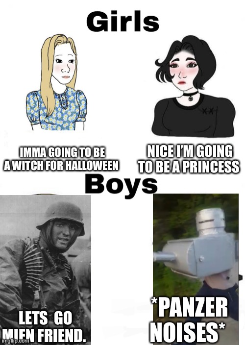 Hans and panzer at Halloween trick or treat | IMMA GOING TO BE A WITCH FOR HALLOWEEN; NICE I’M GOING TO BE A PRINCESS; *PANZER NOISES*; LETS  GO MIEN FRIEND. | image tagged in girls vs boys | made w/ Imgflip meme maker