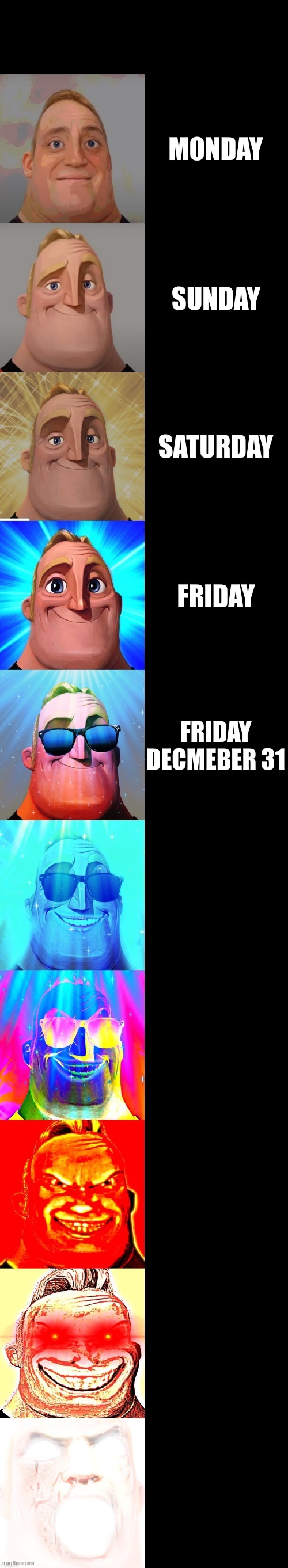 mr incredible becoming canny | MONDAY; SUNDAY; SATURDAY; FRIDAY; FRIDAY DECMEBER 31 | image tagged in mr incredible becoming canny | made w/ Imgflip meme maker