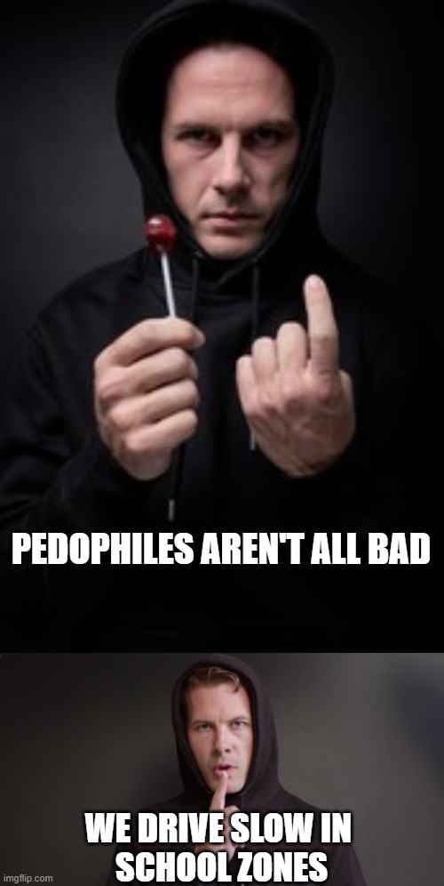 Good Pedophiles | PEDOPHILES AREN'T ALL BAD; WE DRIVE SLOW IN 
SCHOOL ZONES | image tagged in pedophiles,school zones | made w/ Imgflip meme maker