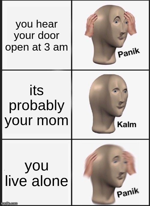 *paniks susly* | you hear your door open at 3 am; its probably your mom; you live alone | image tagged in memes,panik kalm panik | made w/ Imgflip meme maker