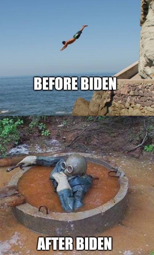 BEFORE BIDEN AFTER BIDEN | image tagged in cliff diver,dive into septic | made w/ Imgflip meme maker