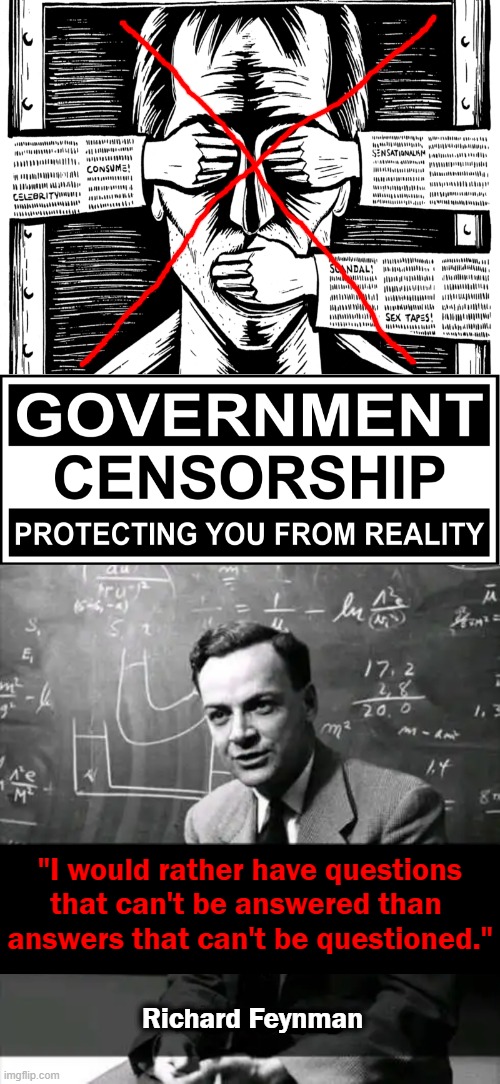 Freedom of Speech Means Just That & Should Not Be Censored | "I would rather have questions

that can't be answered than 

answers that can't be questioned."; Richard Feynman | image tagged in politics,freedom of speech,censorship,government corruption,control,reality | made w/ Imgflip meme maker