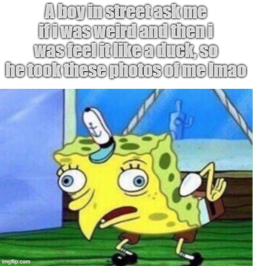 funny meme :v | A boy in street ask me if i was weird and then i was feel it like a duck, so he took these photos of me lmao | image tagged in memes,mocking spongebob | made w/ Imgflip meme maker