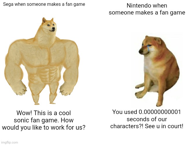 Buff Doge vs. Cheems | Sega when someone makes a fan game; Nintendo when someone makes a fan game; You used 0.00000000001 seconds of our characters?! See u in court! Wow! This is a cool sonic fan game. How would you like to work for us? | image tagged in memes,buff doge vs cheems | made w/ Imgflip meme maker