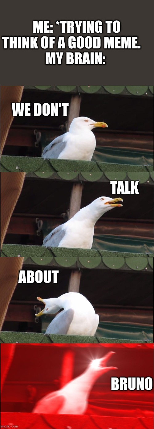 no no no no |  ME: *TRYING TO THINK OF A GOOD MEME.    
MY BRAIN:; WE DON'T; TALK; ABOUT; BRUNO | image tagged in memes,inhaling seagull | made w/ Imgflip meme maker