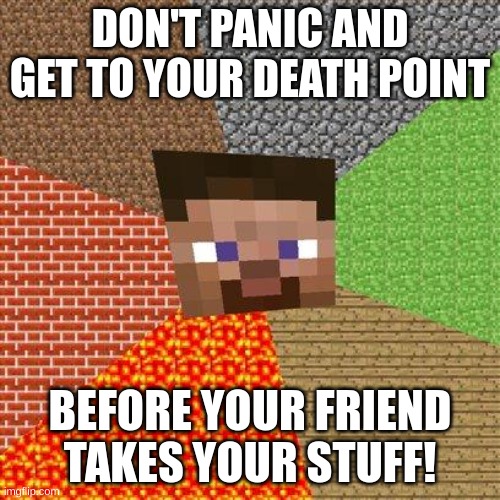 hurry up! | DON'T PANIC AND GET TO YOUR DEATH POINT; BEFORE YOUR FRIEND TAKES YOUR STUFF! | image tagged in minecraft steve | made w/ Imgflip meme maker