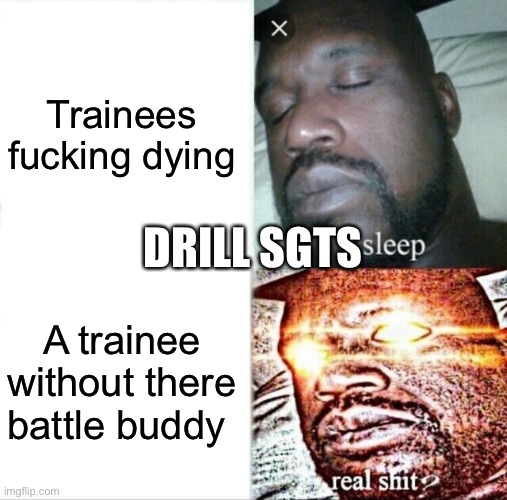 Trainees fucking dying A trainee without there battle buddy DRILL SGTS | image tagged in memes,sleeping shaq | made w/ Imgflip meme maker