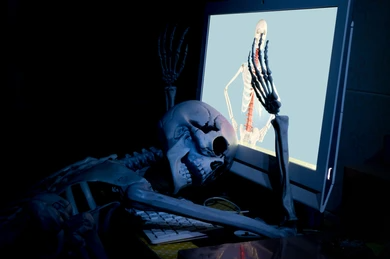 Waiting skeleton infront of computer Blank Meme Template