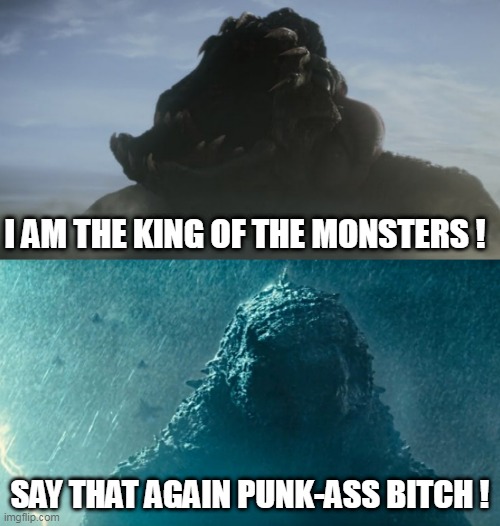 Godzilla vs. Clover | I AM THE KING OF THE MONSTERS ! SAY THAT AGAIN PUNK-ASS BITCH ! | image tagged in godzilla,cloverfield,godzila vs cloverfield | made w/ Imgflip meme maker