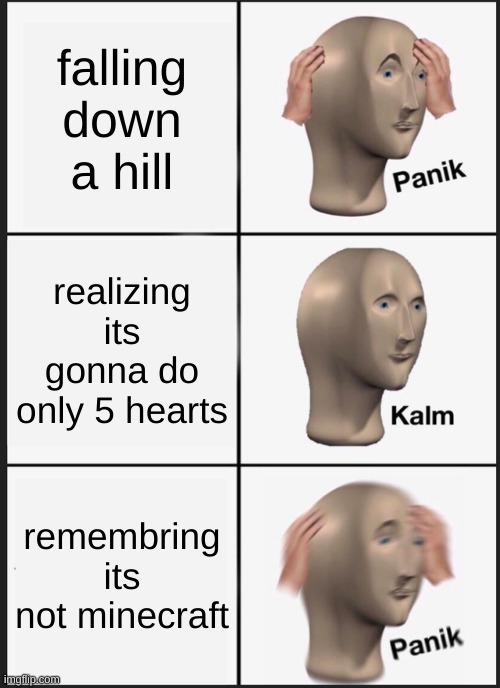 Panik Kalm Panik | falling down a hill; realizing its gonna do only 5 hearts; remembring its not minecraft | image tagged in memes,panik kalm panik | made w/ Imgflip meme maker