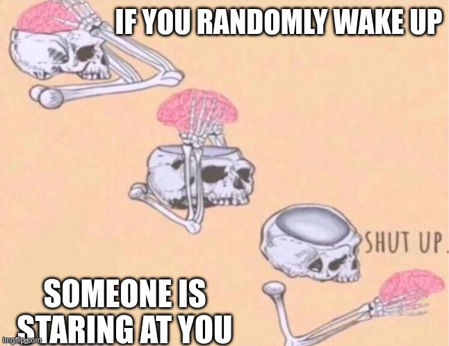 Skeleton Shut Up | IF YOU RANDOMLY WAKE UP; SOMEONE IS STARING AT YOU | image tagged in skeleton shut up,lol,funny | made w/ Imgflip meme maker