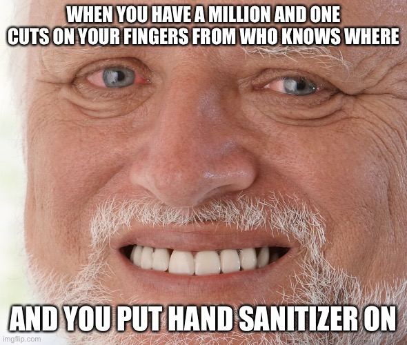 why |  WHEN YOU HAVE A MILLION AND ONE CUTS ON YOUR FINGERS FROM WHO KNOWS WHERE; AND YOU PUT HAND SANITIZER ON | image tagged in hide the pain harold | made w/ Imgflip meme maker