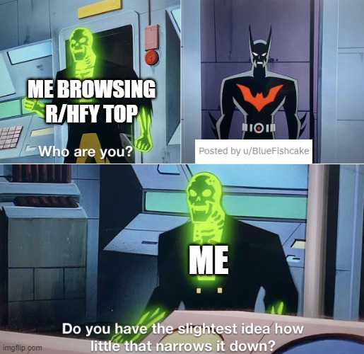 Do you have the slightest idea how little that narrows it down? | ME BROWSING R/HFY TOP; ME | image tagged in do you have the slightest idea how little that narrows it down | made w/ Imgflip meme maker