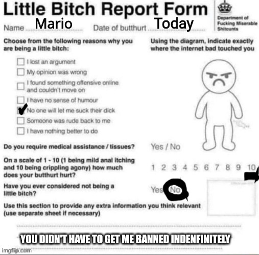 Mario Today YOU DIDN'T HAVE TO GET ME BANNED INDENFINITELY | made w/ Imgflip meme maker