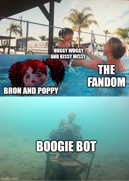 Swimming Pool Kids | HUGGY WUGGY AND KISSY MISSY; THE FANDOM; BRON AND POPPY; BOOGIE BOT | image tagged in swimming pool kids | made w/ Imgflip meme maker