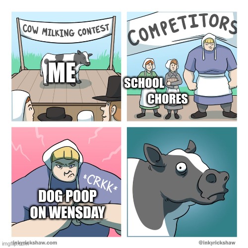 help me? | ME; SCHOOL; CHORES; DOG POOP ON WEDNESDAY | image tagged in cow milking contest | made w/ Imgflip meme maker