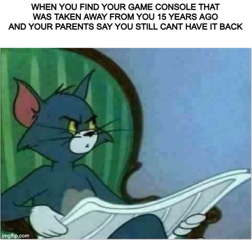 T_T BRUHHHHH | WHEN YOU FIND YOUR GAME CONSOLE THAT WAS TAKEN AWAY FROM YOU 15 YEARS AGO AND YOUR PARENTS SAY YOU STILL CANT HAVE IT BACK | image tagged in interrupting tom's read | made w/ Imgflip meme maker