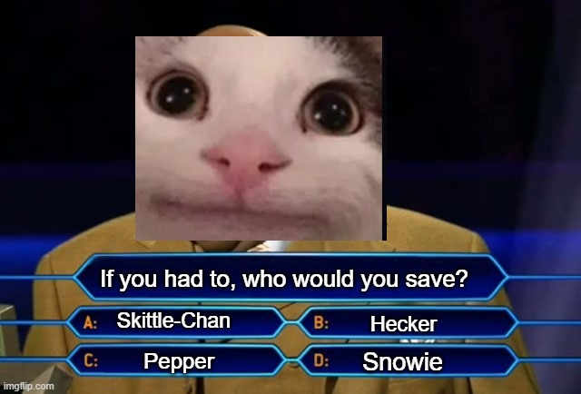 Who wants to be a millionaire? | If you had to, who would you save? Skittle-Chan; Hecker; Snowie; Pepper | image tagged in who wants to be a millionaire | made w/ Imgflip meme maker