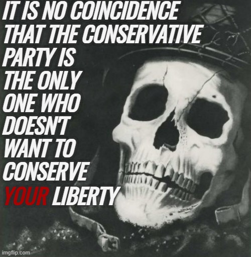 misleading party name | IT IS NO COINCIDENCE; THAT THE CONSERVATIVE; PARTY IS
THE ONLY 
ONE WHO
DOESN'T 
WANT TO 
CONSERVE; LIBERTY; YOUR | image tagged in rmk,attack ad | made w/ Imgflip meme maker