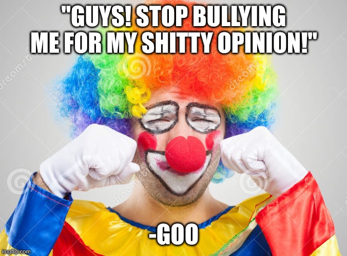 Clown crying | "GUYS! STOP BULLYING ME FOR MY SHITTY OPINION!"; -GOO | image tagged in clown crying | made w/ Imgflip meme maker