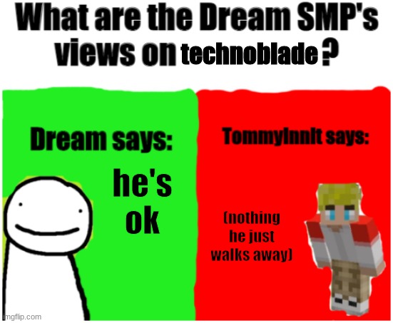 hi | technoblade; he's ok; (nothing he just walks away) | image tagged in dream smp views | made w/ Imgflip meme maker