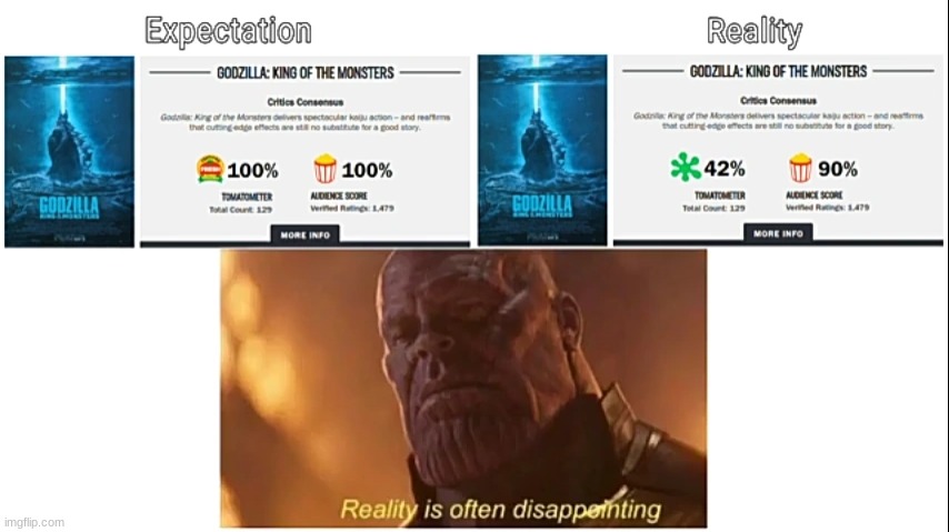 Reality of often disappointing | image tagged in reality is often dissapointing,expectation vs reality,godzilla | made w/ Imgflip meme maker