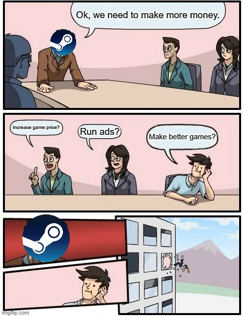 Boardroom Meeting Suggestion | Ok, we need to make more money. Increase game price? Run ads? Make better games? | image tagged in memes,boardroom meeting suggestion | made w/ Imgflip meme maker