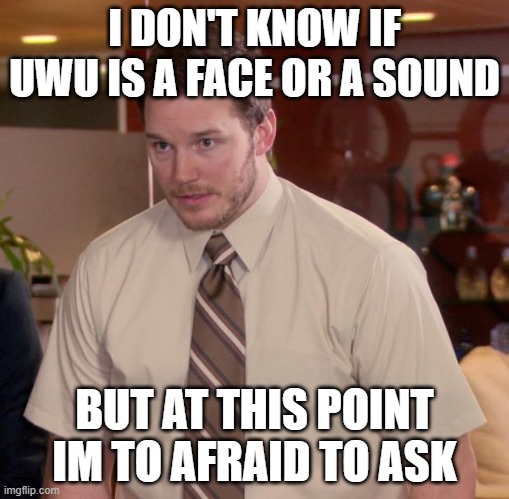 no but srsly? | I DON'T KNOW IF UWU IS A FACE OR A SOUND; BUT AT THIS POINT IM TO AFRAID TO ASK | image tagged in memes,afraid to ask andy | made w/ Imgflip meme maker