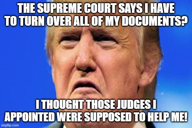 Donald trump crying | THE SUPREME COURT SAYS I HAVE TO TURN OVER ALL OF MY DOCUMENTS? I THOUGHT THOSE JUDGES I APPOINTED WERE SUPPOSED TO HELP ME! | image tagged in donald trump crying | made w/ Imgflip meme maker