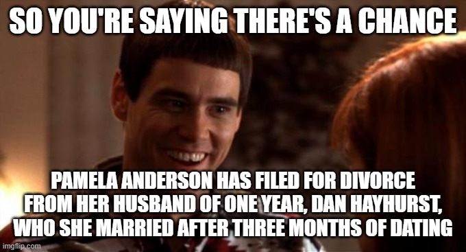 Pamela Anderson | SO YOU'RE SAYING THERE'S A CHANCE; PAMELA ANDERSON HAS FILED FOR DIVORCE FROM HER HUSBAND OF ONE YEAR, DAN HAYHURST, WHO SHE MARRIED AFTER THREE MONTHS OF DATING | image tagged in so you're saying there's a chance | made w/ Imgflip meme maker