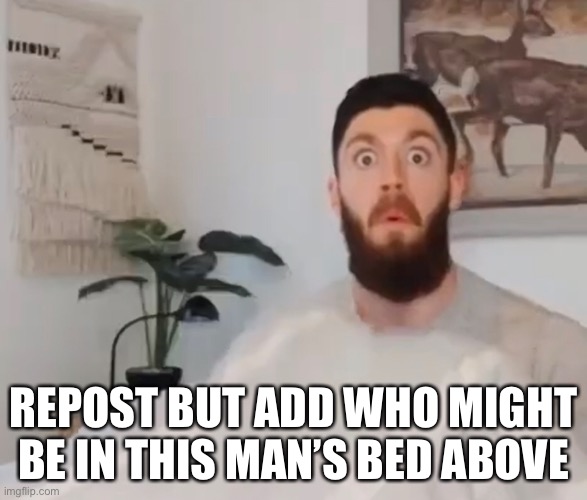 REPOST BUT ADD WHO MIGHT BE IN THIS MAN’S BED ABOVE | made w/ Imgflip meme maker
