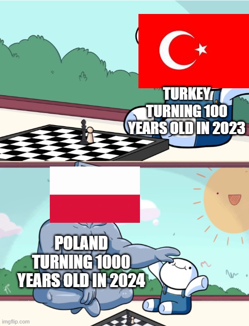 YEY | TURKEY TURNING 100 YEARS OLD IN 2023; POLAND TURNING 1000 YEARS OLD IN 2024 | image tagged in odd1sout vs computer chess,poland,turkey,memes,countries | made w/ Imgflip meme maker