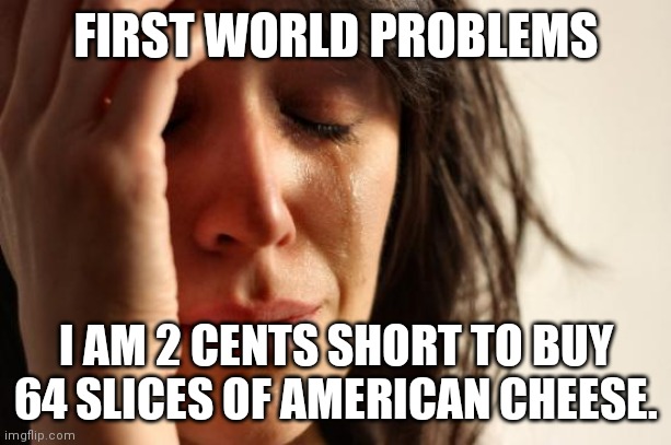 64 slices of American cheese is from Simpsons. | FIRST WORLD PROBLEMS; I AM 2 CENTS SHORT TO BUY 64 SLICES OF AMERICAN CHEESE. | image tagged in memes,first world problems | made w/ Imgflip meme maker