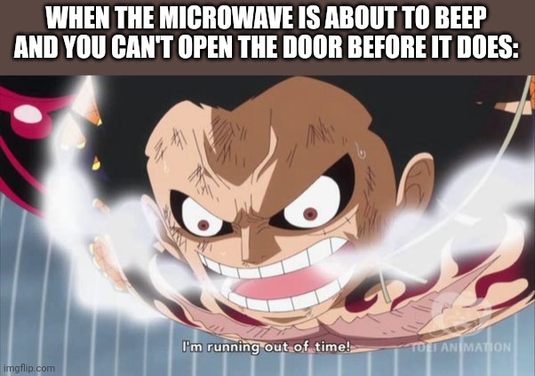 out of time | WHEN THE MICROWAVE IS ABOUT TO BEEP AND YOU CAN'T OPEN THE DOOR BEFORE IT DOES: | image tagged in out of time | made w/ Imgflip meme maker