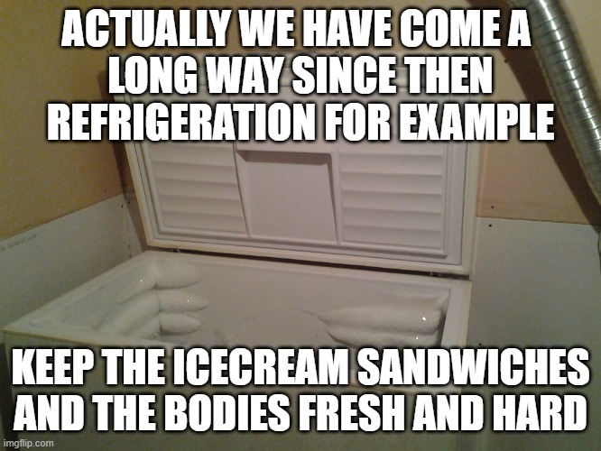 freezer | ACTUALLY WE HAVE COME A 
LONG WAY SINCE THEN
REFRIGERATION FOR EXAMPLE KEEP THE ICECREAM SANDWICHES AND THE BODIES FRESH AND HARD | image tagged in freezer | made w/ Imgflip meme maker