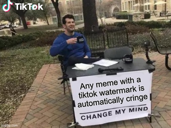 oMg Is ThAt A tIkToK wAtErMaRk????!?!?!?!?!?!!!!?!?!?!?! |  Any meme with a tiktok watermark is automatically cringe | image tagged in memes,change my mind,funny,not funny,tiktok sucks,cringe | made w/ Imgflip meme maker