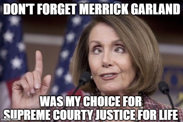 Nancy pelosi | DON'T FORGET MERRICK GARLAND WAS MY CHOICE FOR SUPREME COURTY JUSTICE FOR LIFE | image tagged in nancy pelosi | made w/ Imgflip meme maker