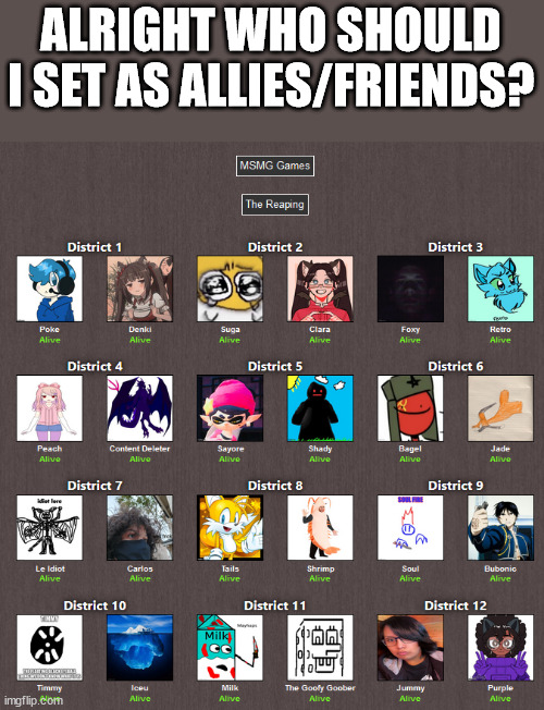 ALRIGHT WHO SHOULD I SET AS ALLIES/FRIENDS? | made w/ Imgflip meme maker