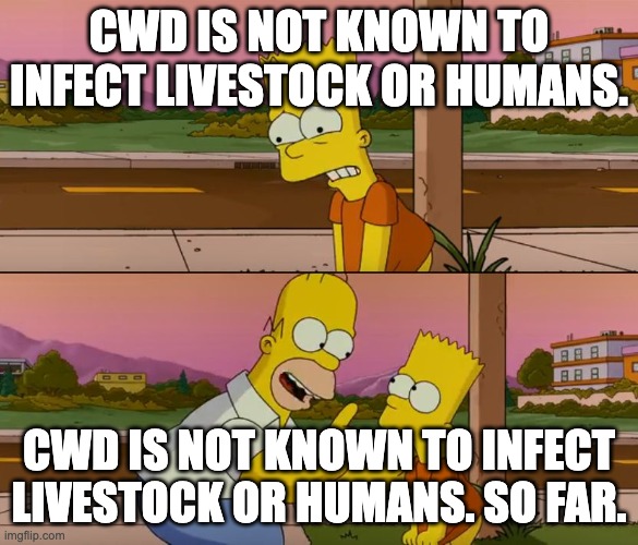 Simpsons so far | CWD IS NOT KNOWN TO INFECT LIVESTOCK OR HUMANS. CWD IS NOT KNOWN TO INFECT LIVESTOCK OR HUMANS. SO FAR. | image tagged in simpsons so far | made w/ Imgflip meme maker