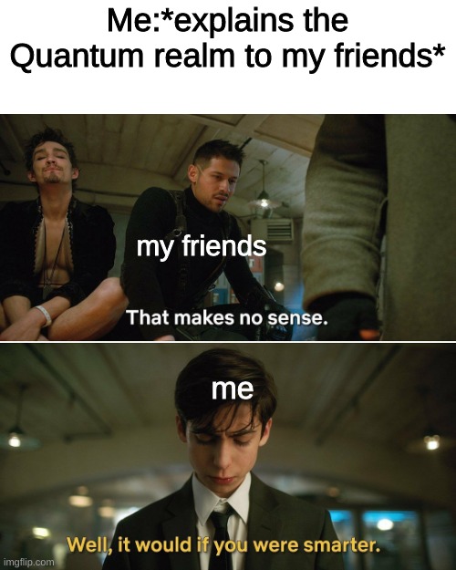 Umbrella Academy | Me:*explains the Quantum realm to my friends*; my friends; me | image tagged in umbrella academy | made w/ Imgflip meme maker